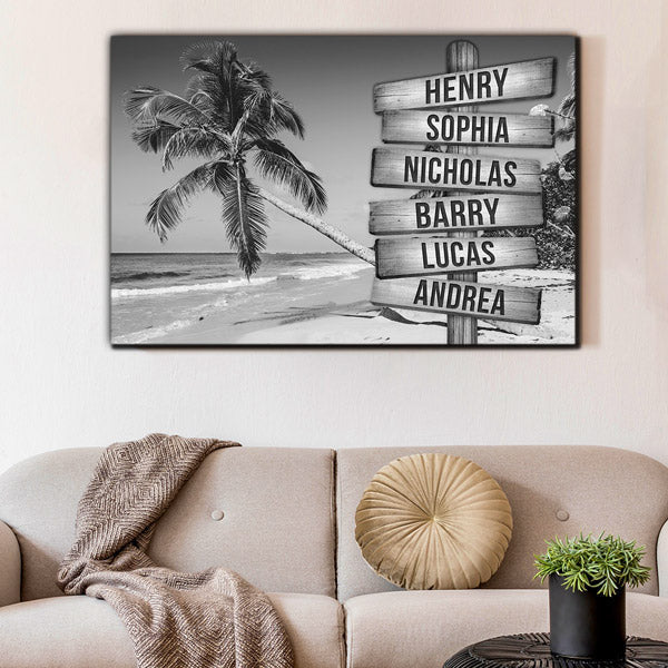 Personalized Palm Beach - Names On Sign Rustic Canvas Wall Art – Beach House Decor