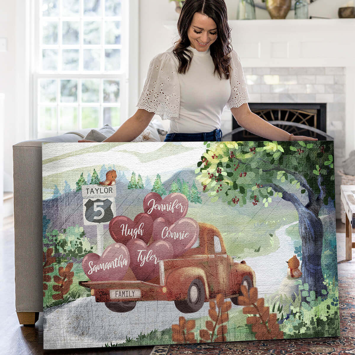 Personalized Pickup Truck & Names on Hearts Premium Canvas
