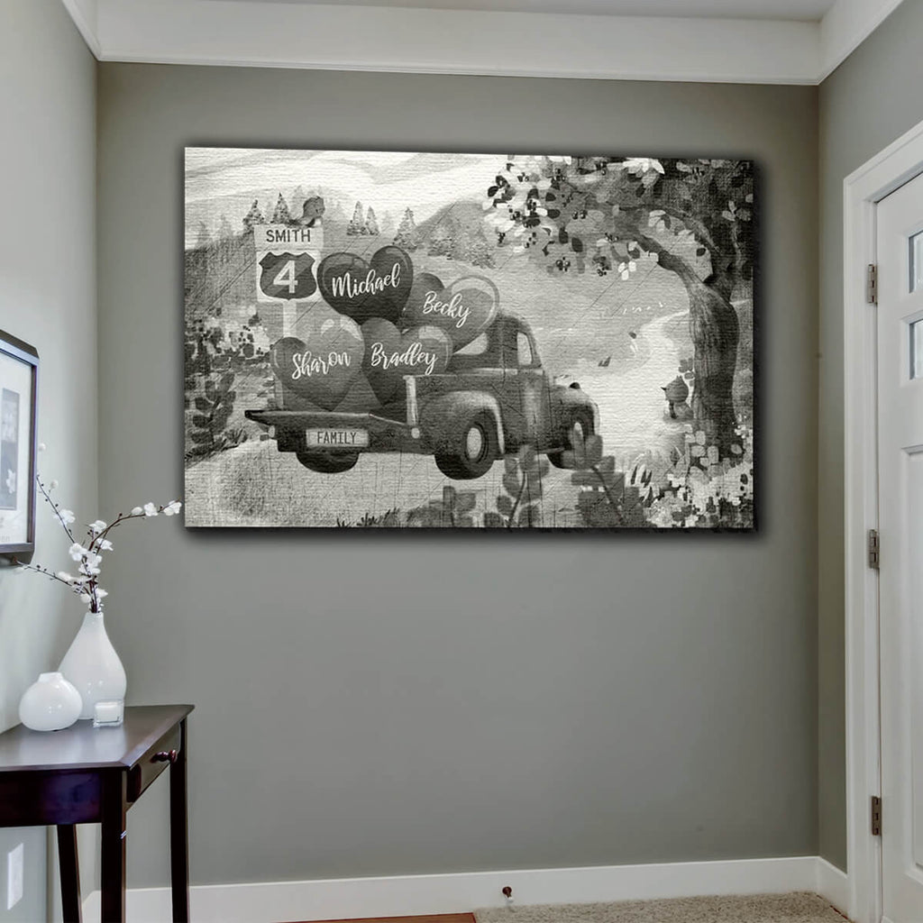 Personalized Pickup Truck & Names on Hearts Premium Canvas
