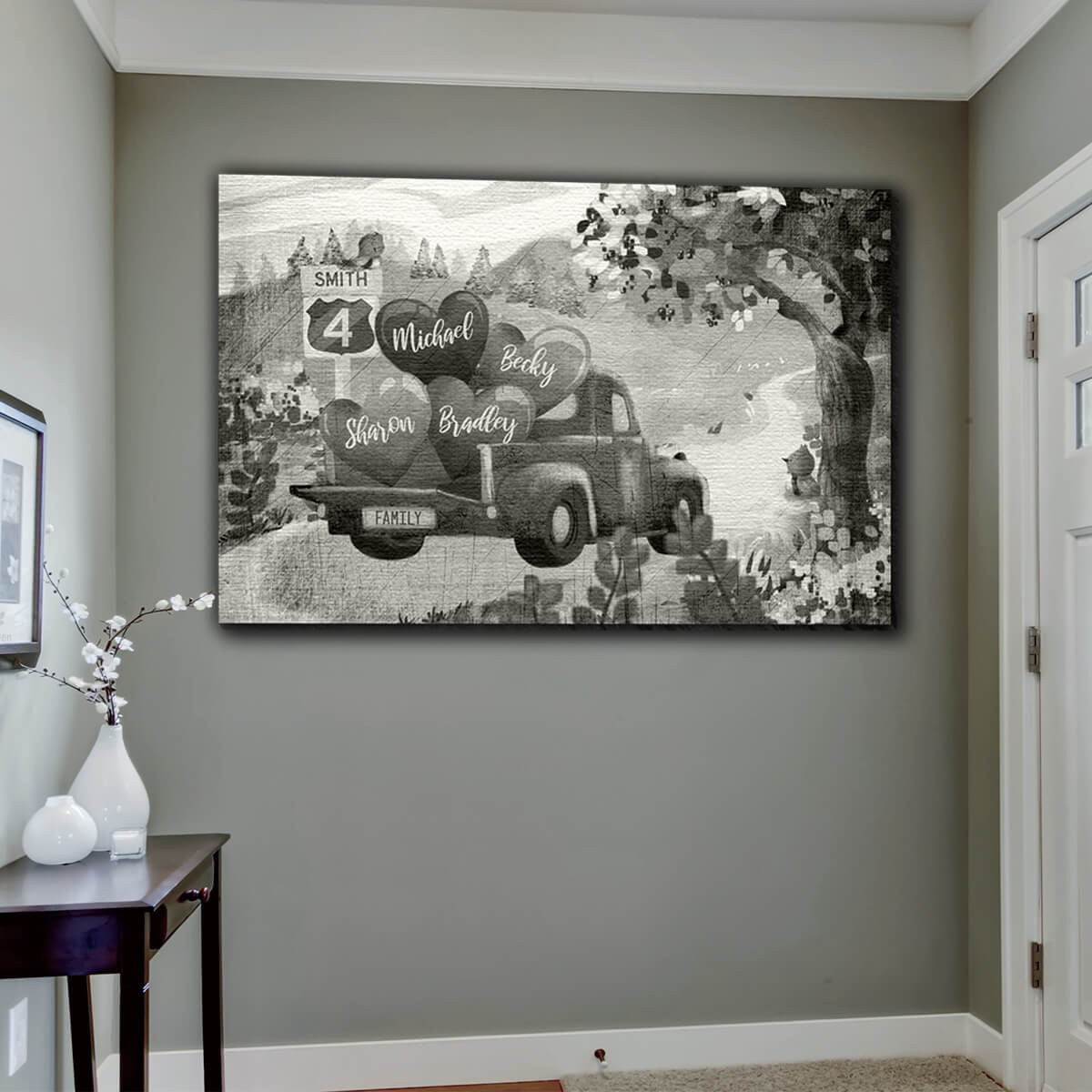 Personalized Pickup Truck & Names on Hearts Premium Canvas
