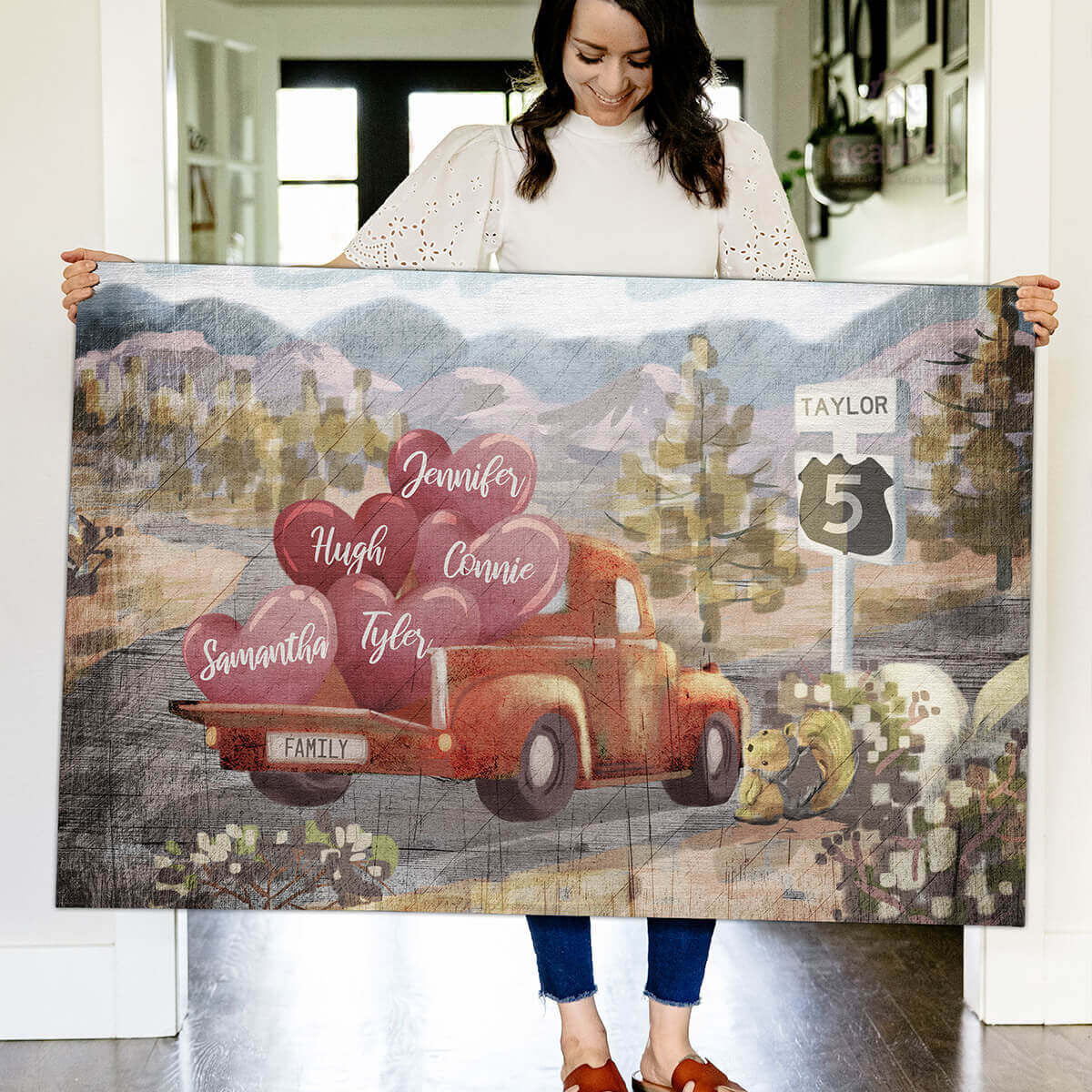 Personalized Pickup Truck & Names on Hearts Premium Canvas