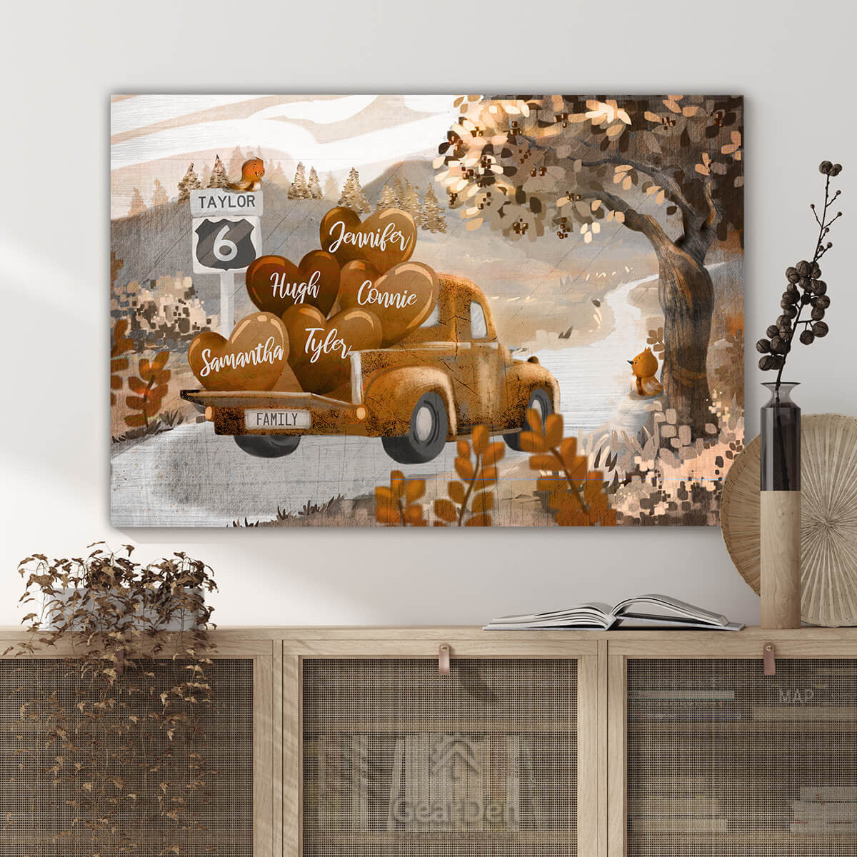 Personalized Pickup Truck & Names on Hearts Premium Canvas