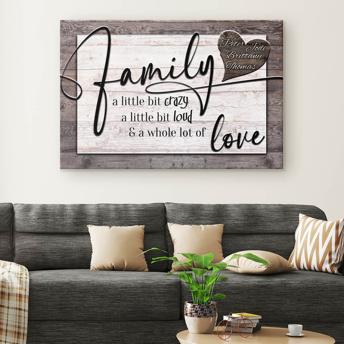 Personalized Family...Crazy, Loud, Love Heart Design Premium Canvas
