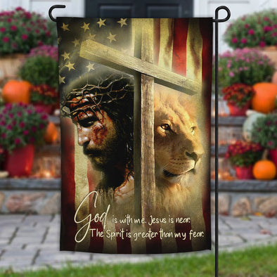 God Is With Me, Jesus Is Near Lion Garden Flag