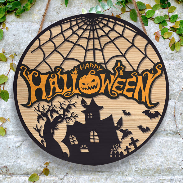 Happy Halloween Spider Round Wood Sign - Home Decor, Welcome Home