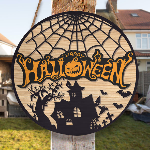 Happy Halloween Spider Round Wood Sign - Home Decor, Welcome Home