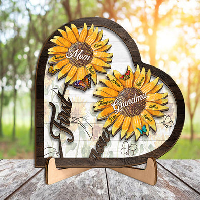 Personalized First Mom Now Grandma Heart Sunflowers Wooden Plaque With Stand - Gift For Mom, Grandma