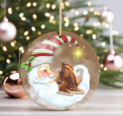 Horse And Santa Moon Ceramic Ornament - Christmas Ornament for Horse Lovers