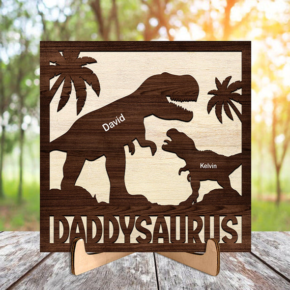 Personalized Papasaurus Daddysaurus Wooden Plaque With Stand - Gift For Father