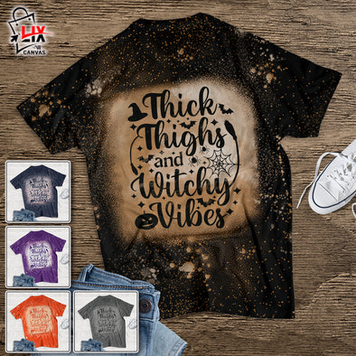 Thick Thighs And Witchy Vibes Halloween Bleached T-Shirt