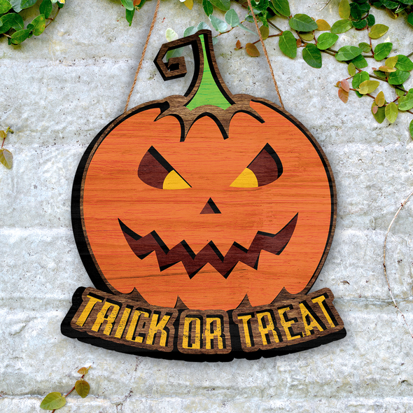Trick Or Treat Pumpkin Wood Sign - Halloween Door Sign, Welcome Home